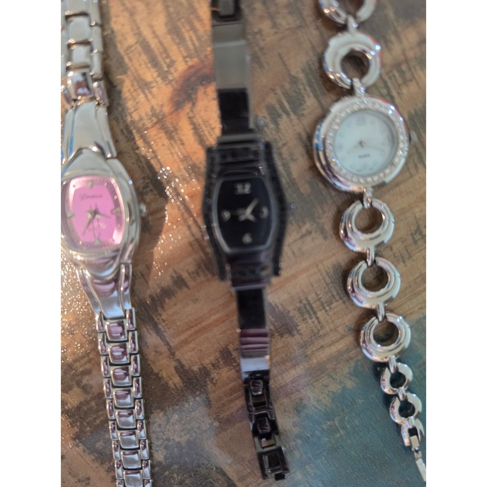 Lot of 3 Womens Geneva Dress Watches Pink Black Silver Tone Crystal Accents